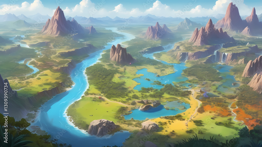 Poster aerial view of a vibrant landscape featuring a river meandering through a valley. the mountains and 