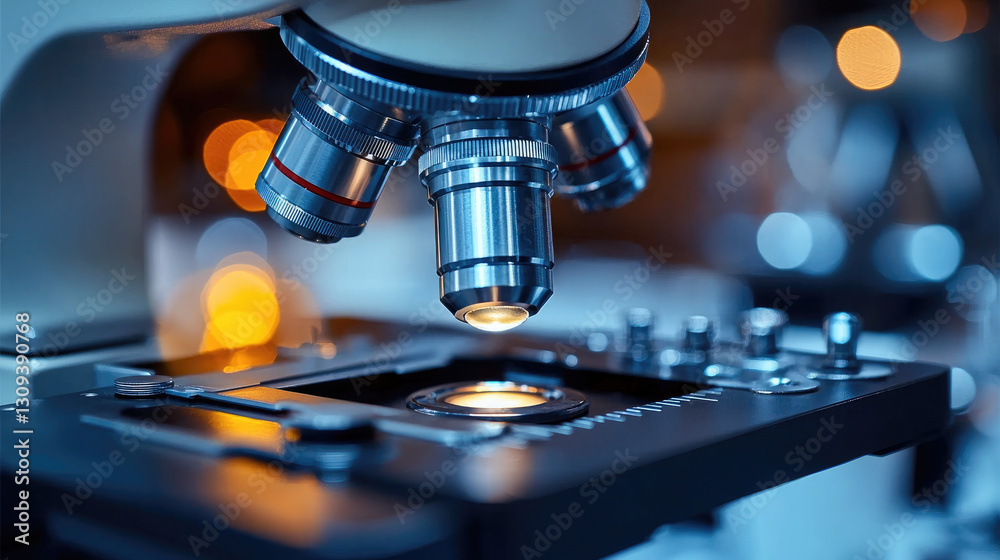 Poster close up view of microscope showcasing its intricate details and lenses, highlighting scientific exp