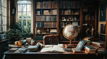 Inviting study room with warm lighting and an extensive personal library ambiance