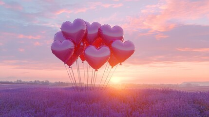 Fototapeta premium Pink Heart Balloons Floating Above Lavender Field at Sunset
