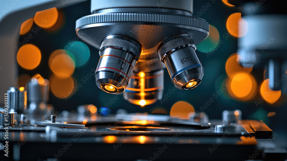 Poster close up view of microscope with illuminated lenses, showcasing intricate details and blurred bokeh background