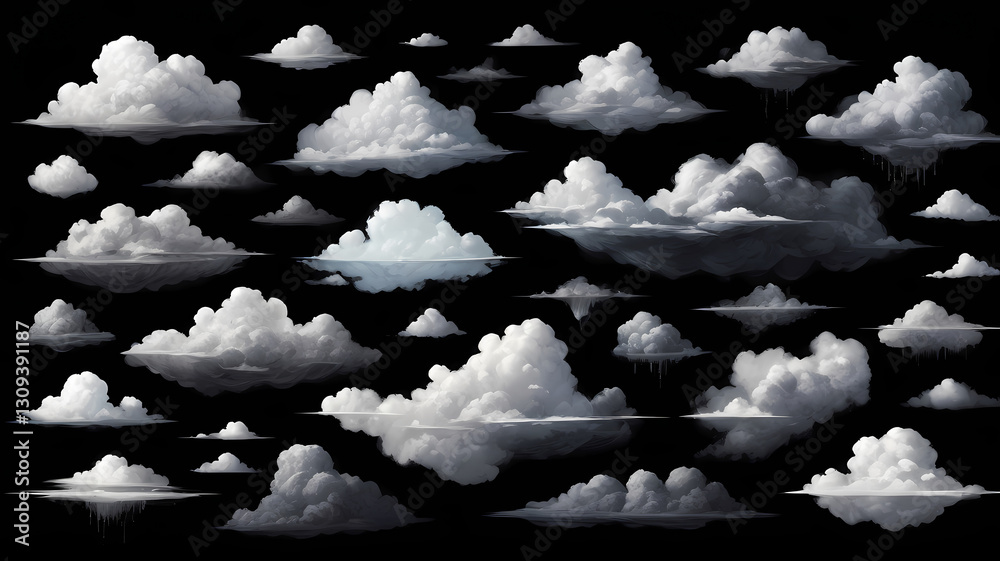 Poster a cluster of fluffy white clouds floating against a dark sky, offering a sense of wonder and serenit