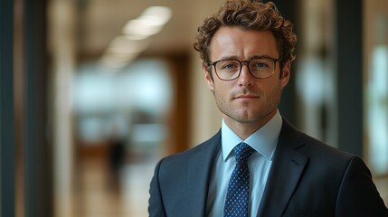 Fototapeta premium corporate fashion lifestyle portrait of man in suit and tie standing in office professional business look stylish modern clothing handsome model trendy outfit and executive background
