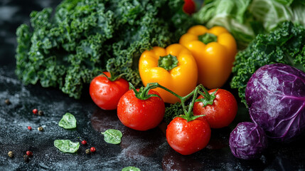 vibrant assortment of fresh vegetables including yellow bell peppers, red tomatoes, kale, and purple cabbage on dark surface. colorful display highlights freshness and variety of produce