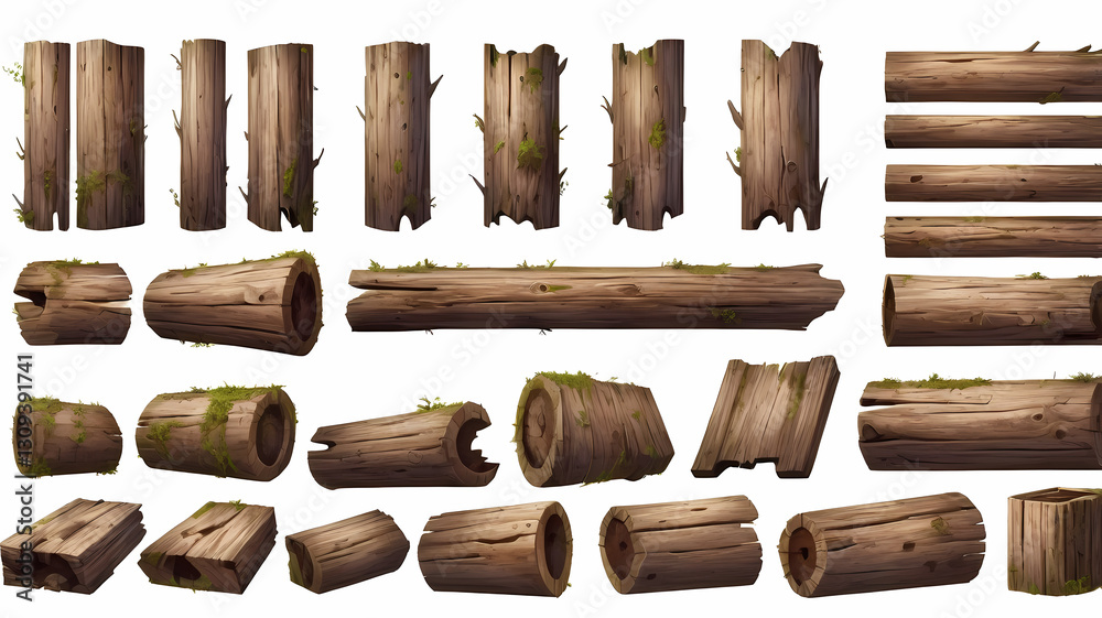 Poster a collection of various wooden logs with different shapes and sizes. Some have moss growing on them, and they all have a rustic appearance