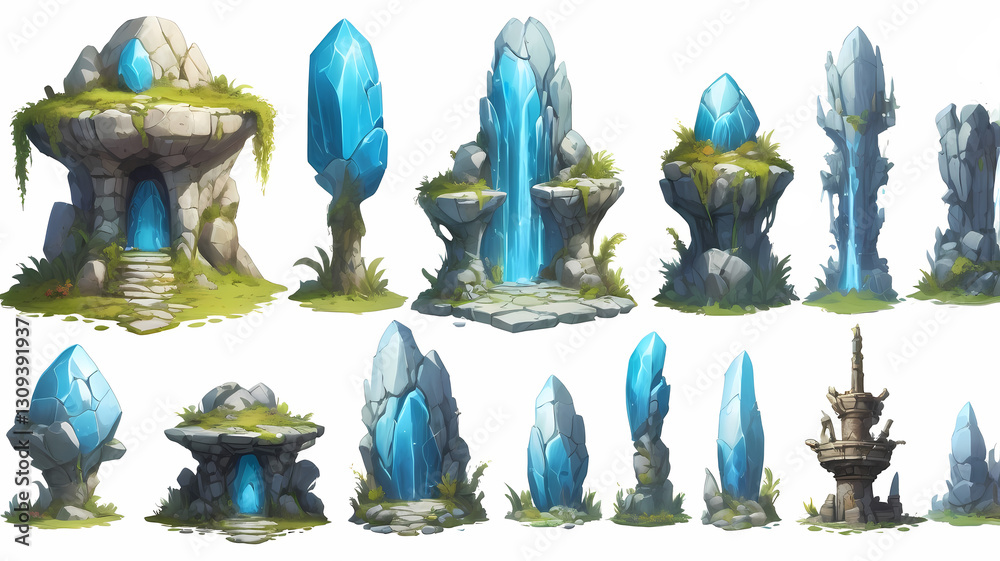 Poster various stylized crystal formations, shimmering with a captivating blue glow. These artistic structures evoke fantasy and mystical themes, featuring an array of shapes and embellishments.