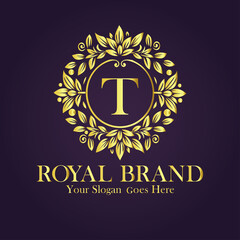 Letter T golden flower logo vector template.
