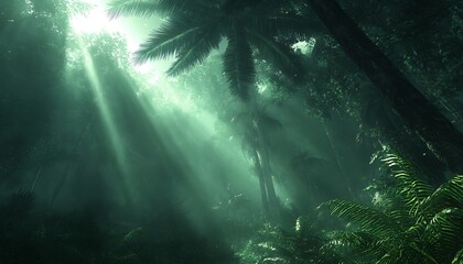 Obraz premium Sunbeams pierce misty rainforest canopy. (1)