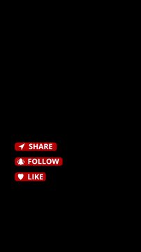 Like, Follow, Share: calls to action. Animated buttons designed for social media video reels. Overlay with transparent background alpha. Vertical 9:16 for mobile video