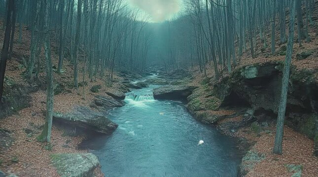 A tranquil forest river flows between rocky banks, surrounded by tall, leafless trees. Soft mist and diffused light create a mystical atmosphere, capturing the essence of nature's serenity.