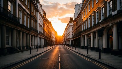 Fototapeta premium Morning sunlight bathes historic london street in warm glow