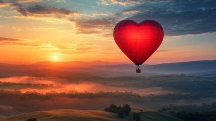 Fototapeta premium Red Heart Shaped Hot Air Balloon Soaring Over Misty Landscape at Sunrise