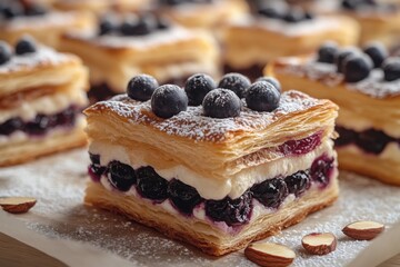 Blueberry dessert pastries with powdered sugar A flaky delicious treat with fresh blueberries Layers of flavor and texture in every bite!