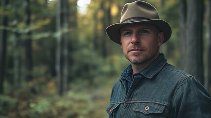 outdoor lifestyle photo of a man in a hat standing in the woods representing rugged nature walk forest fashion and serene woodland backdrop with natural beauty