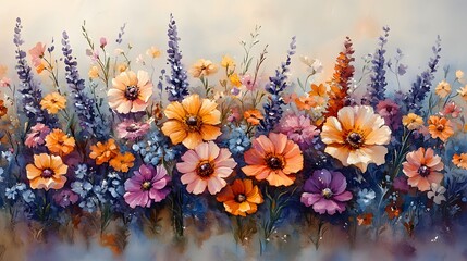 Hand-painted watercolor floral artwork featuring meadow flowers in gentle pastel hues