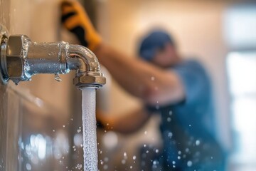 Water Pipe with Flowing Water and Worker in Blurred Background