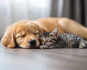 Puppy and kitten napping together.