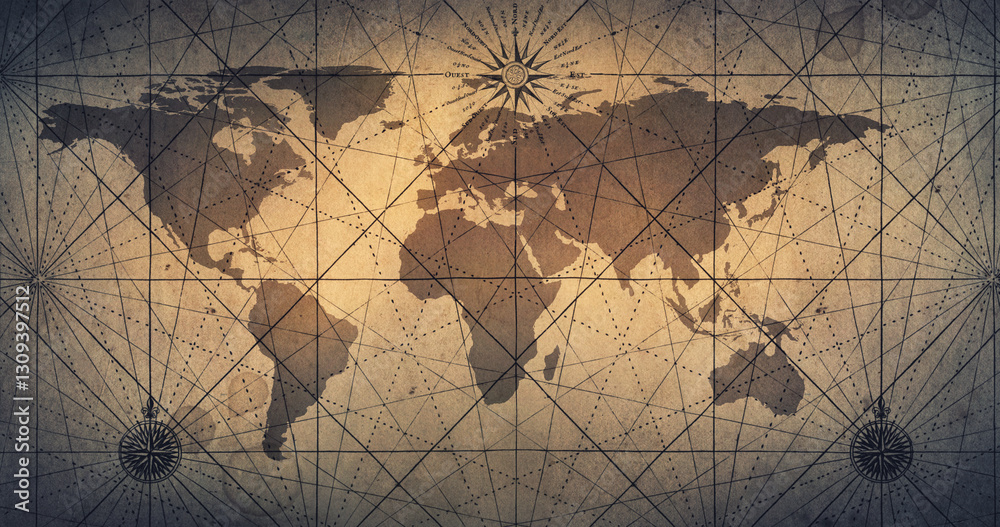 Poster old map of the world on a old parchment background. vintage style. tinting in gray-brown color. elem