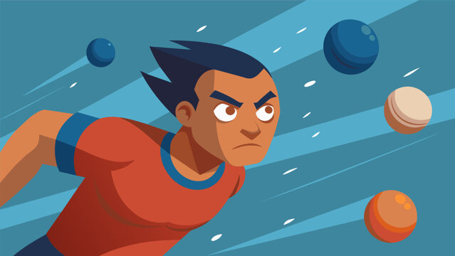 A closeup shot of a players determined face as they swiftly dodge multiple balls flying towards them.. Vector illustration