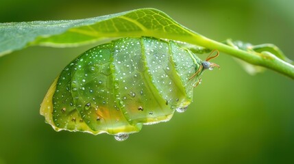 Fototapeta premium Chrysalis Emerging for Dew-Kissed Leaf, Nature.