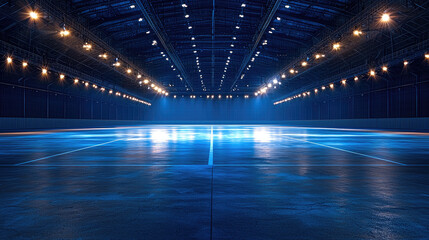 spacious empty arena with high ceiling, illuminated by bright lights, creating dramatic atmosphere