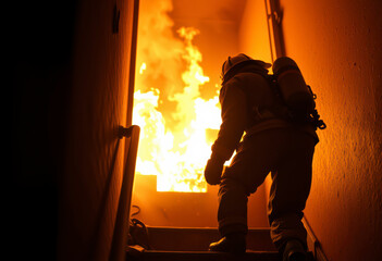 Fototapeta premium Firefighter makes a courageous ascent up fiery stairs, facing the intense heat and flames of a burning structure in a critical rescue operation.