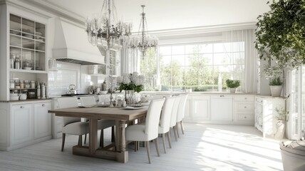 Fototapeta premium White kitchen interior featuring sunlit island, wooden dining table, expansive windows, radiating bright, open living space