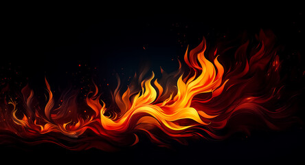 Fototapeta premium Vivid digital artwork of stylized fire flames with dynamic curves and vibrant orange, red, and yellow hues against a stark black backdrop.