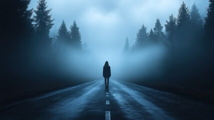 Solitary Figure on Foggy Road in Forest