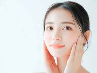 肌が美しい日本人の若い女性。美容、ビューティー、健康、化粧品の広告デザインに最適な人物素材。