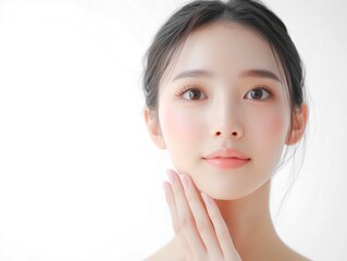 美しい肌の若い日本人女性。美容広告デザインに最適な人物素材