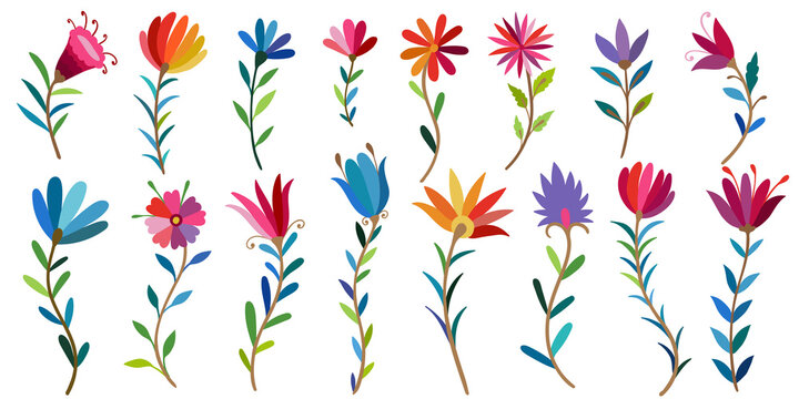 Mexican traditional Otomi style embroidery elements,