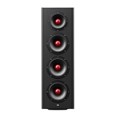 A pair of tall black speakers with four red woofers against a white background.
