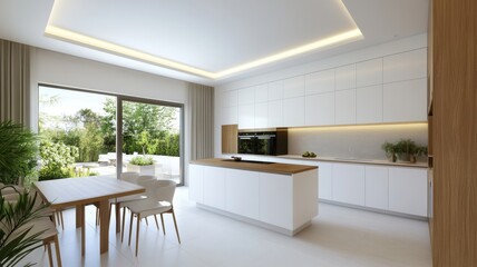 Bright, airy kitchen interior featuring white cabinets, wooden accents, and lush greenery, creating a fresh and inviting atmosphere