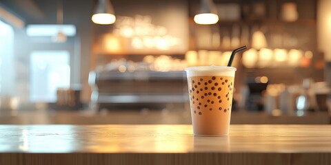 Realistic 3D Icon Cartoon of A Cup of Bubble Tea with Tapioca Pearls on a Table with a Softly Blurred Modern Caf&Atilde;? Background