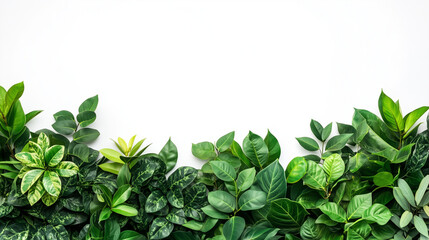 Fototapeta premium A tropical foliage arrangement with jungle leaves and bushes is isolated on a white background, with a clipping path included.