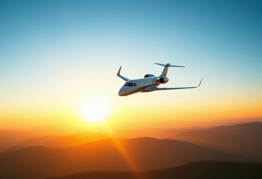 A sleek white private jet soars through a brilliant blue sky at sunset, casting a golden glow over distant mountains.