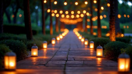 Serene nighttime walkway illuminated by warm lights