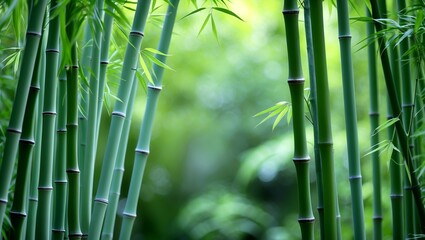Fototapeta premium Serene pale green bamboo stalks in lush forest