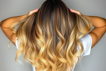 Fototapeta premium A woman showcasing her long, wavy hair from the back against a neutral background.