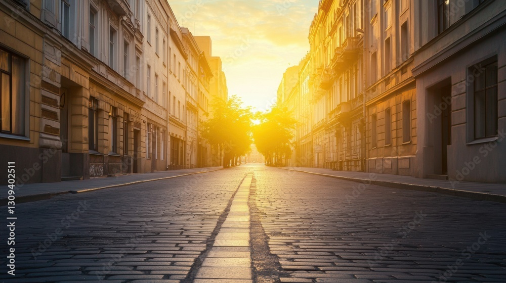 Aufkleber Sunset casts golden light over empty city streets and buildings inviting quiet reflection Generative AI