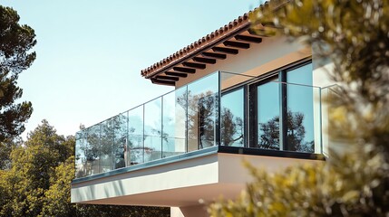 Modern Balcony with Glass Railing Overlooking Trees and Sunny Sky