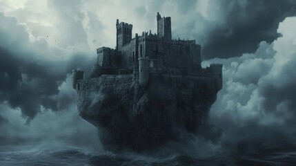 Fototapeta premium A dark fortress built atop a floating island, surrounded by swirling dark clouds