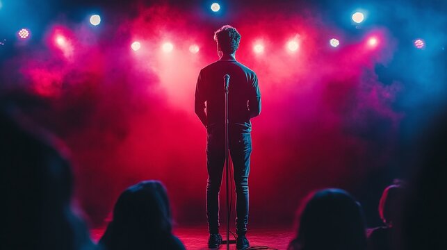 stand up comedian on stage with microphone performing live comedy show with audience laughter entertainment spotlight and humorous performance scene