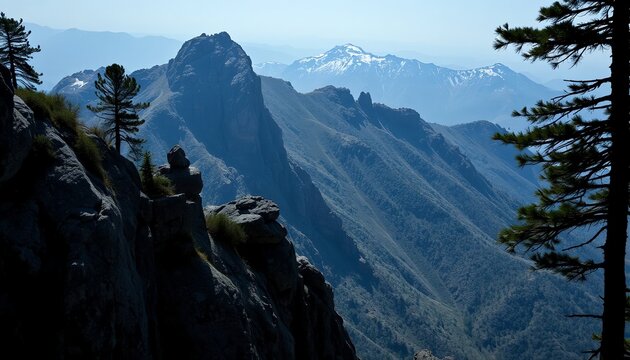 Majestic mountain range with rugged peaks and snow-capped summits under a serene blue sky.