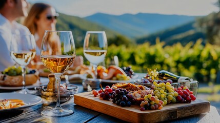 Scenic Vineyard Dining Experience with Gourmet Food and Wine on a Beautiful Sunny Day