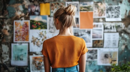 Blonde Woman in Yellow Shirt Viewing Image Collage on Wall