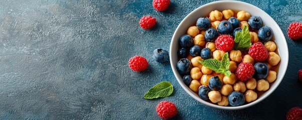 Meal Prep Made Simple with Plant-Based Protein concept. Fresh Fruit and Chickpeas Salad in White Bowl on Rustic Blue Tabletop with Berries and Mint