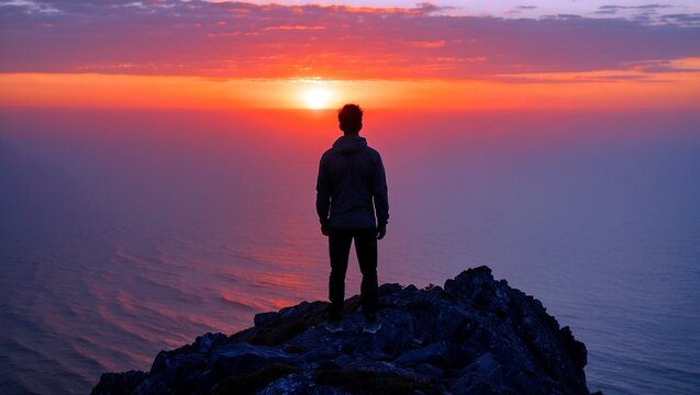 Silhouette of a person at sunset over ocean