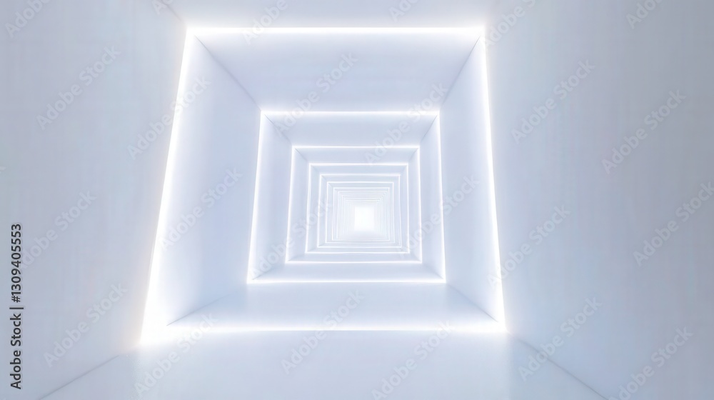 Poster a digital art-inspired 3d loop animation of a neon tunnel, featuring geometric rotating square frame